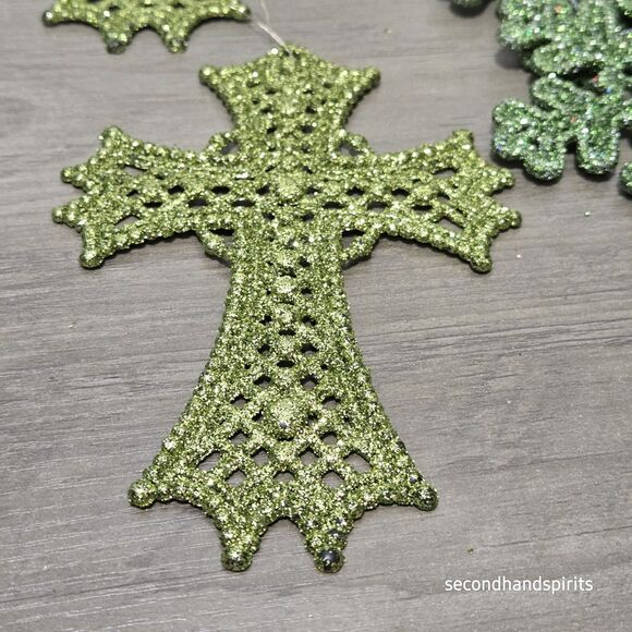 8 Green Glitter Snowflakes - And 5 Green Glitter Crosses Christmas Ornaments - Picture 3 of 5